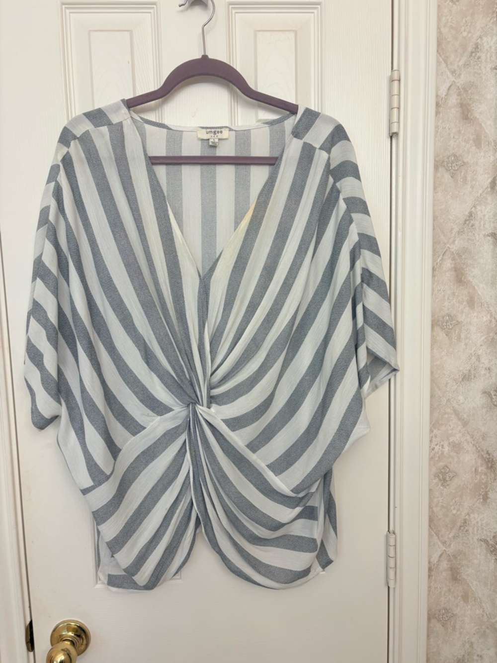 Umgee Light Blue and White Striped Twist-Front V-Neck Blouse
